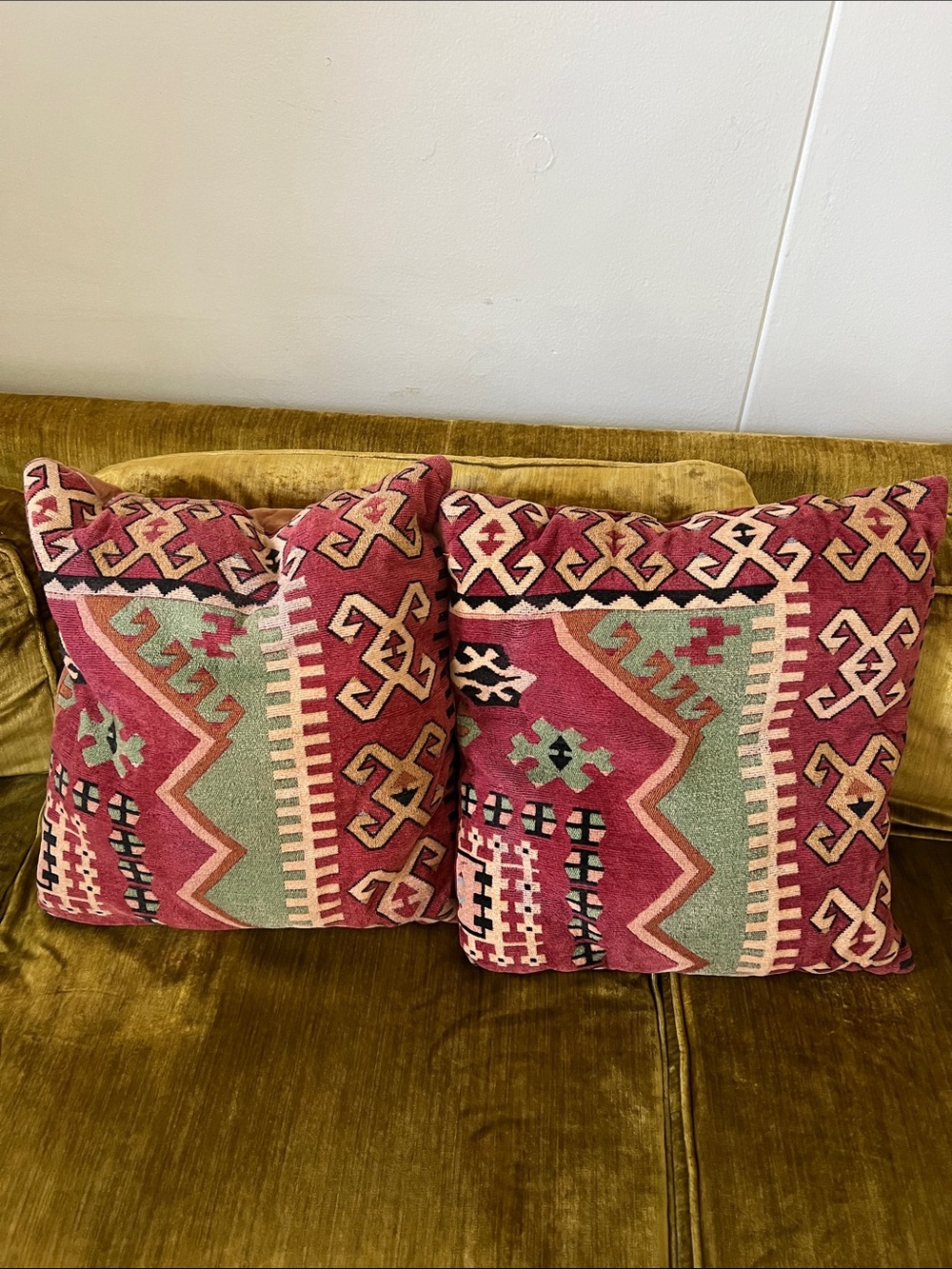 Handmade Kilim-Style Throw Pillows in Red Sage Green Tan Vintage set of two